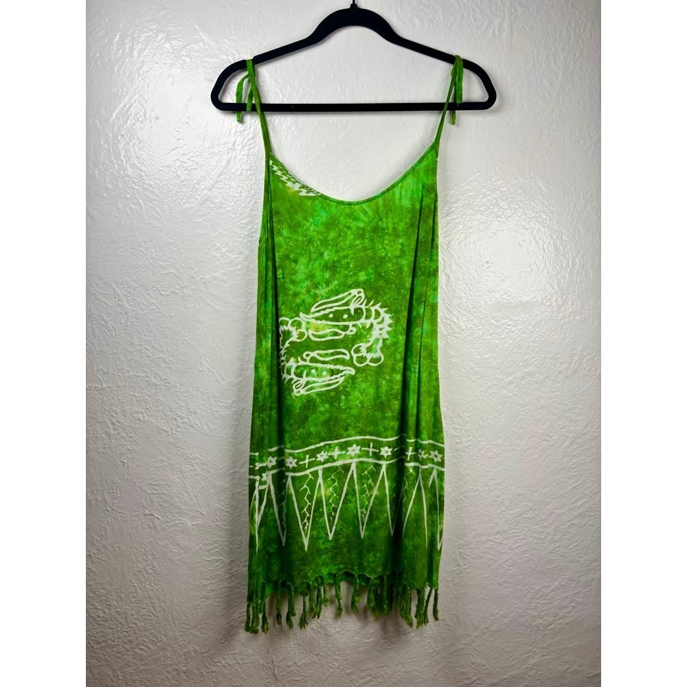 Fata Morgana Mini Dress Womens M Green Tie Dye Batik Fringe Boho Festival Hippie